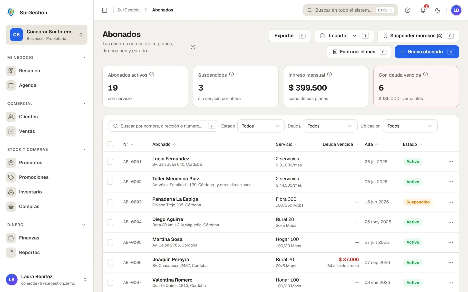 Lista de abonados con su plan, estado y deuda