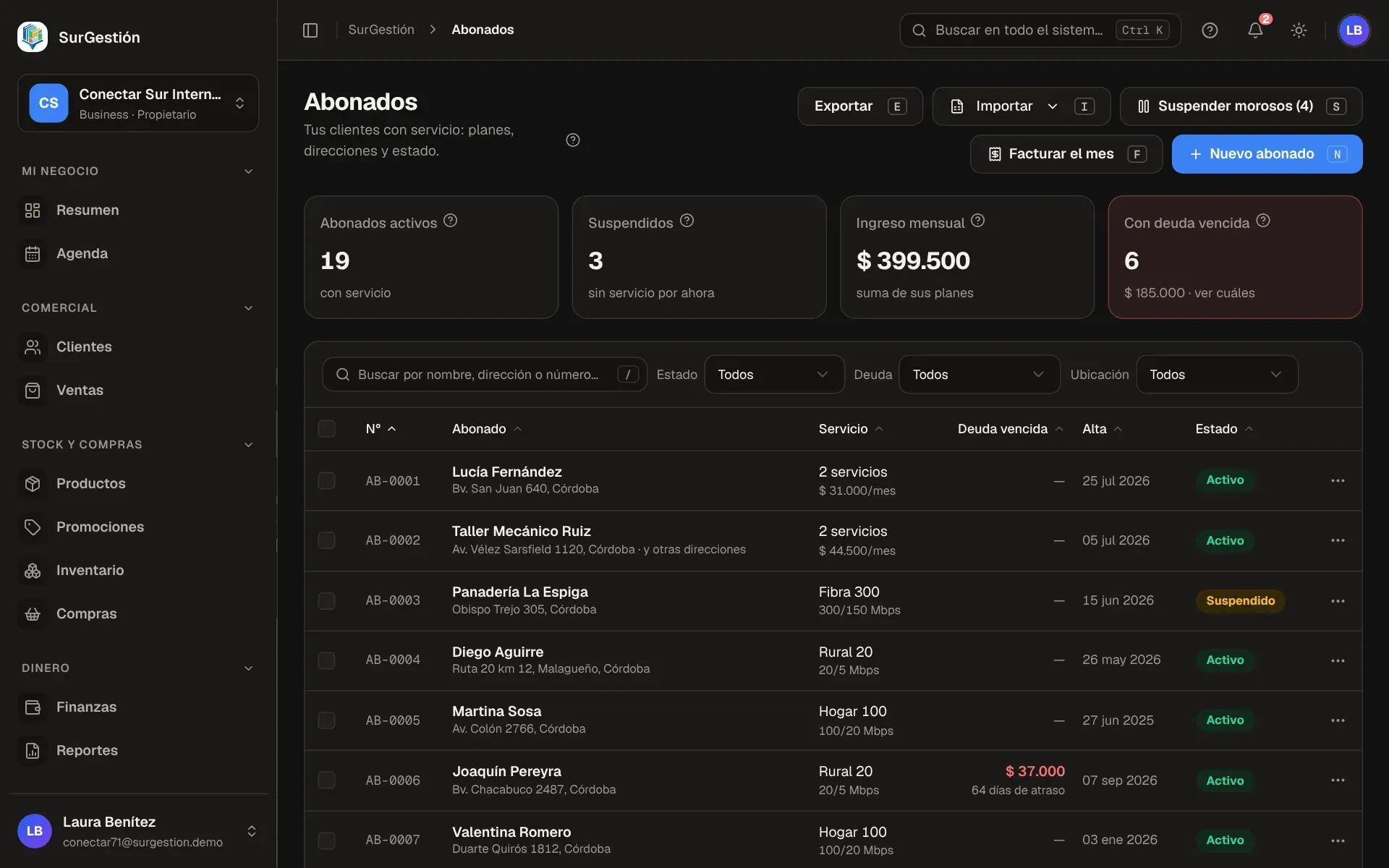 Lista de abonados con su plan, estado y deuda