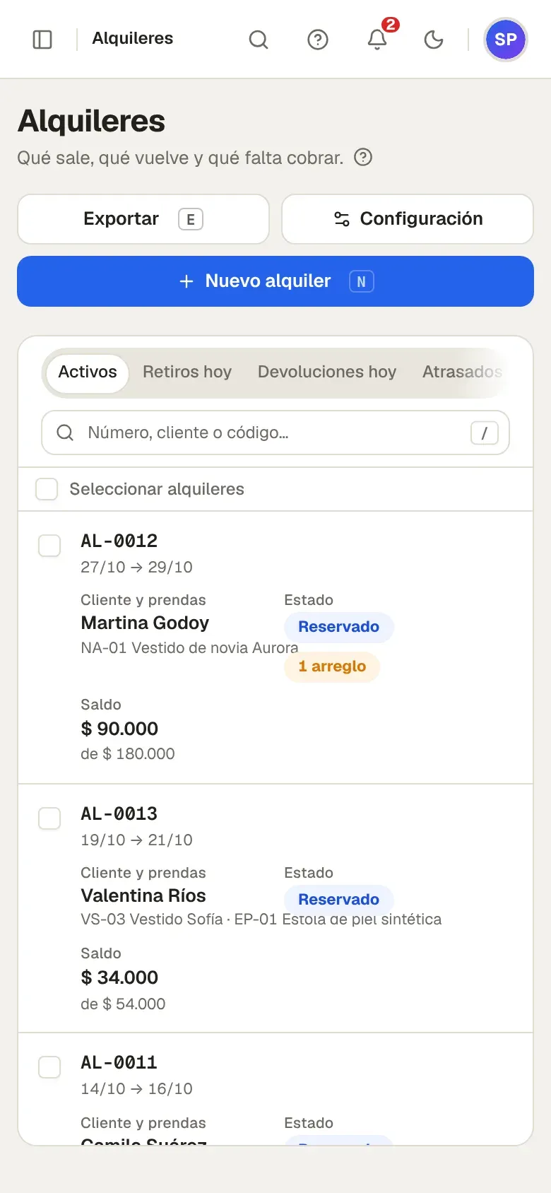 Alquileres en el celular con su estado y saldo
