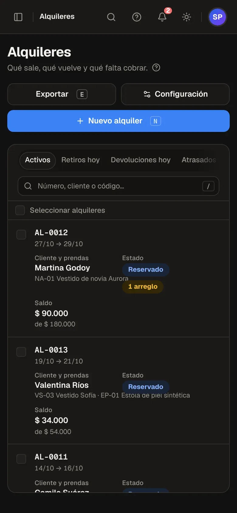 Alquileres en el celular con su estado y saldo