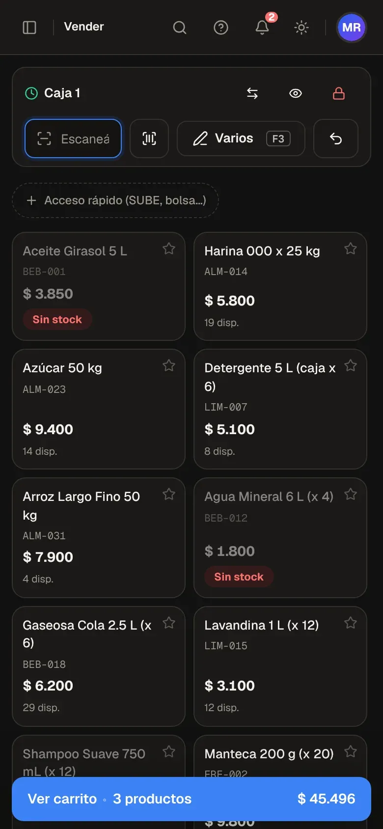 Venta rápida en el celular con el carrito abajo