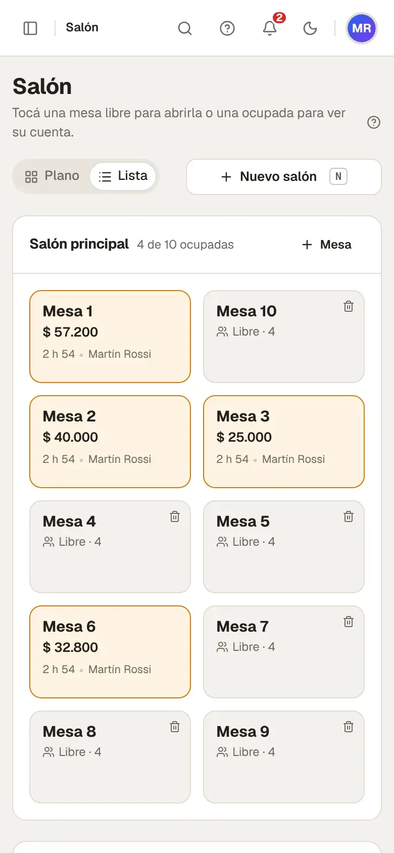 Salón en el celular del mozo con el estado de cada mesa