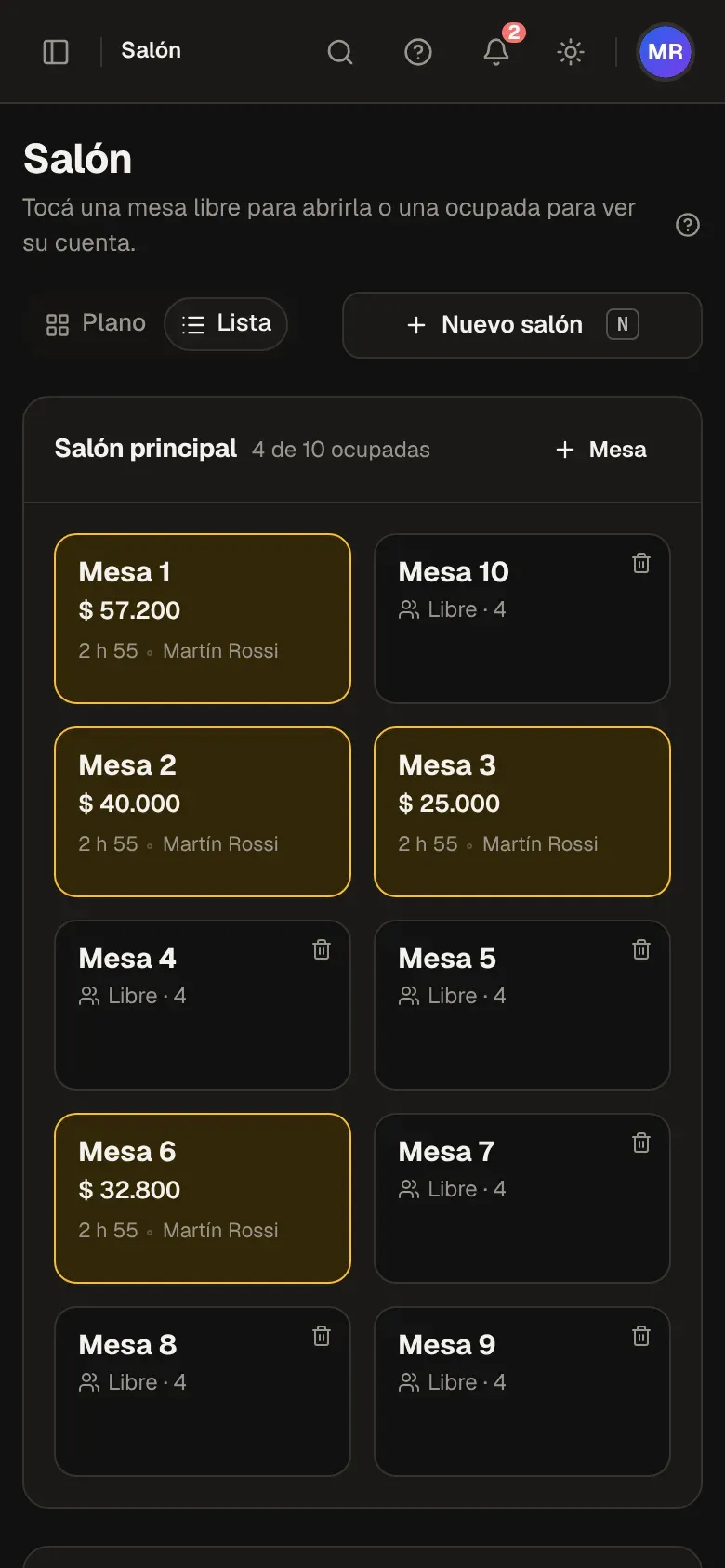 Salón en el celular del mozo con el estado de cada mesa